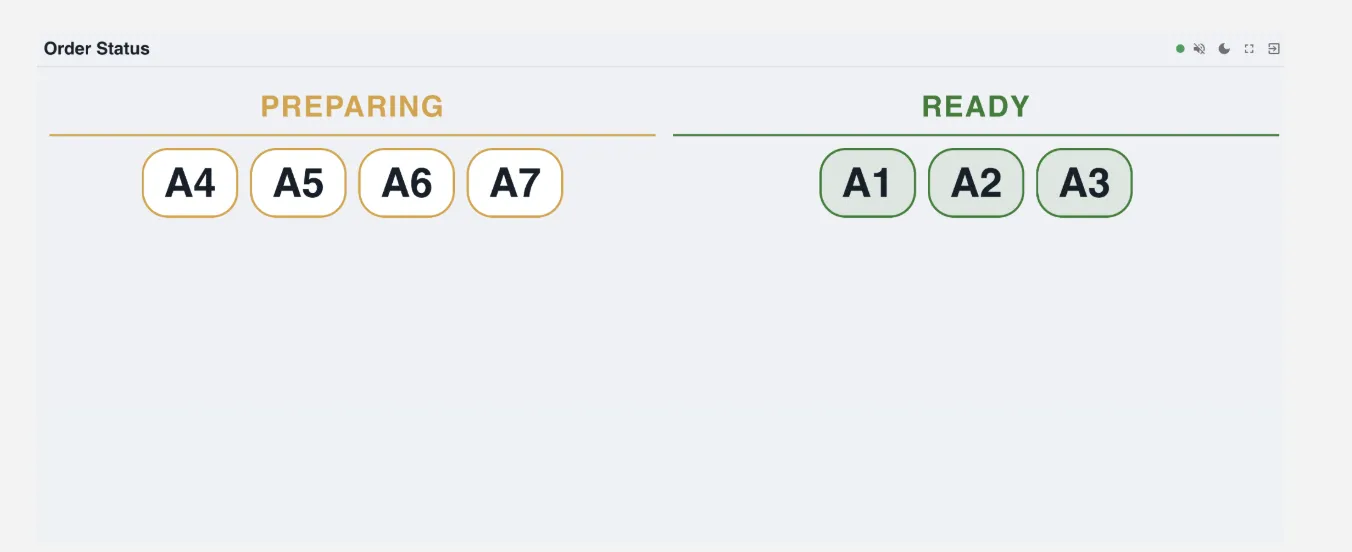 Granet Pro customer-facing order status display showing Preparing and Ready tokens