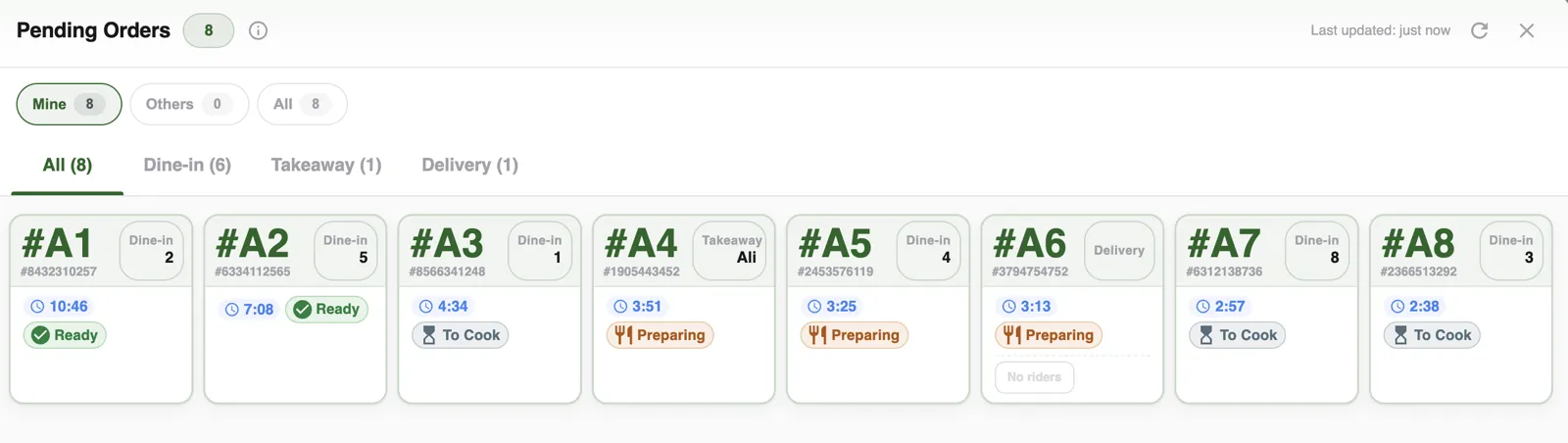 Granet Pro KDS pending orders dashboard with status and elapsed time