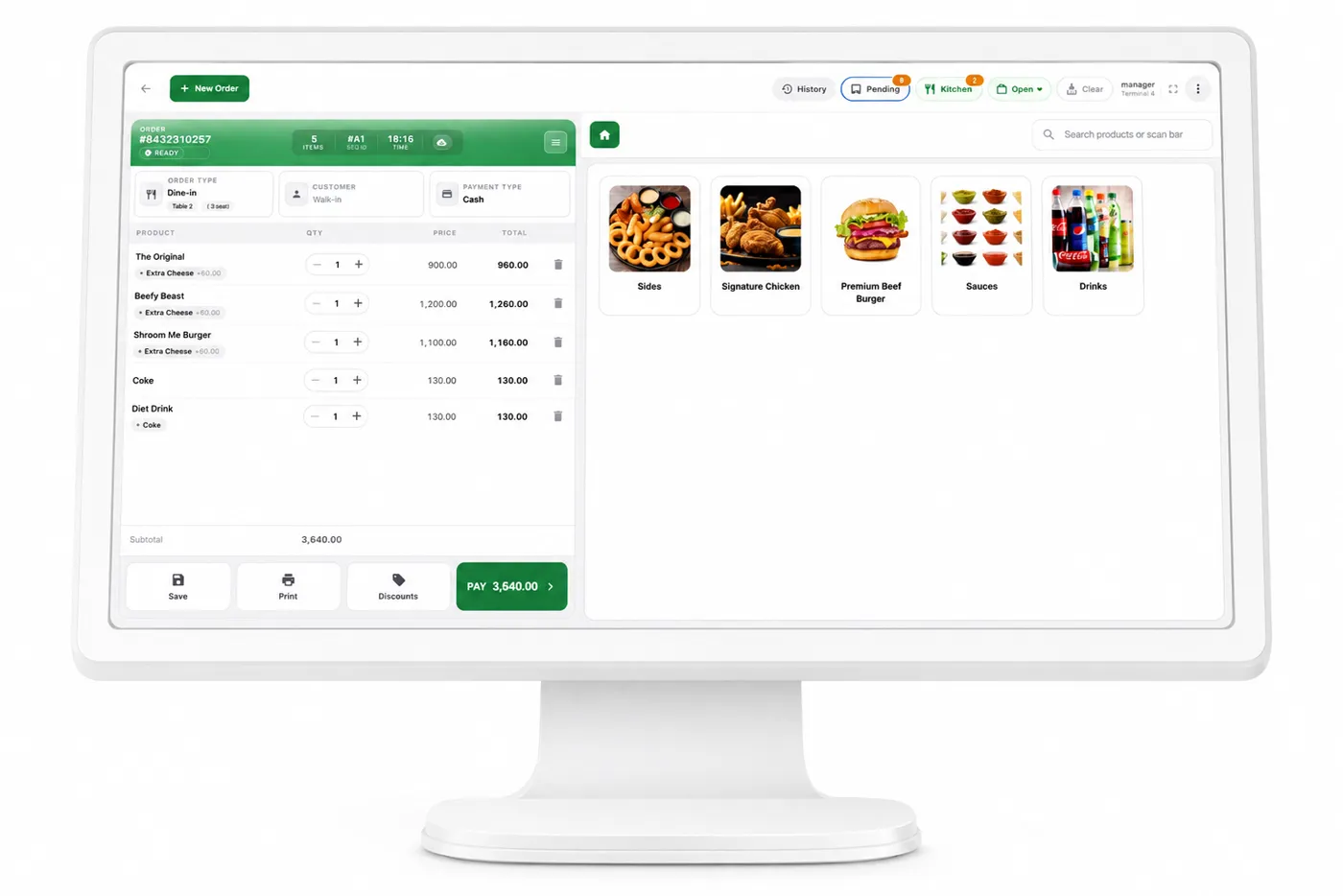 Granet Pro POS order screen with menu items and modifiers