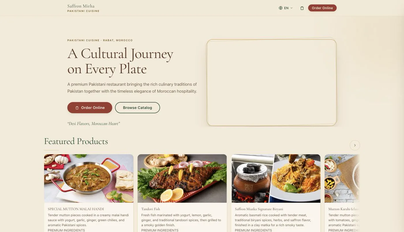 Saffron Mirha online ordering website built on Granet Pro, showing hero and featured products