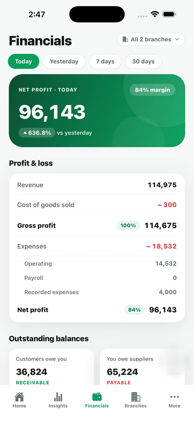 Owner app financials screen showing full profit and loss with outstanding balances