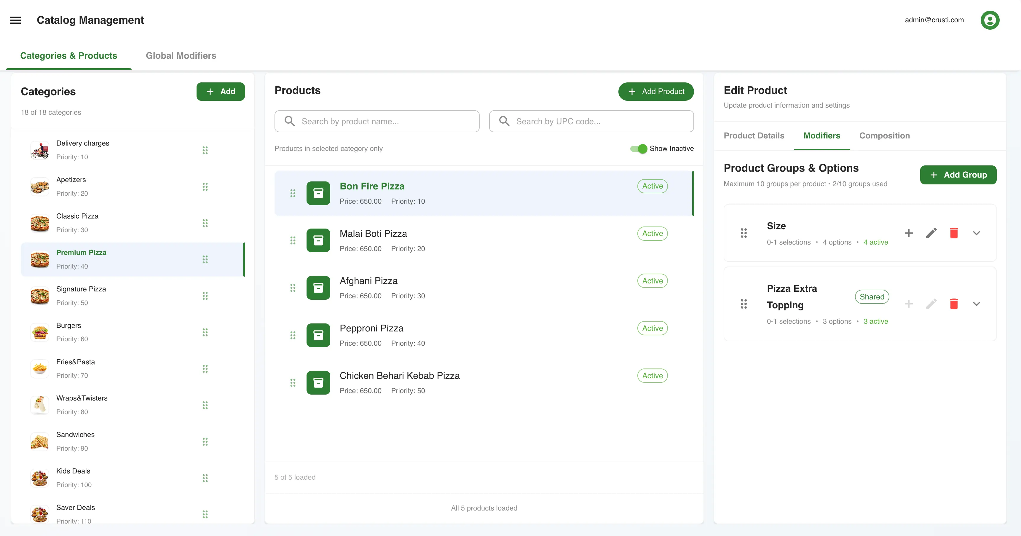 Granet Pro menu catalog — product categories, modifier groups and pricing setup
