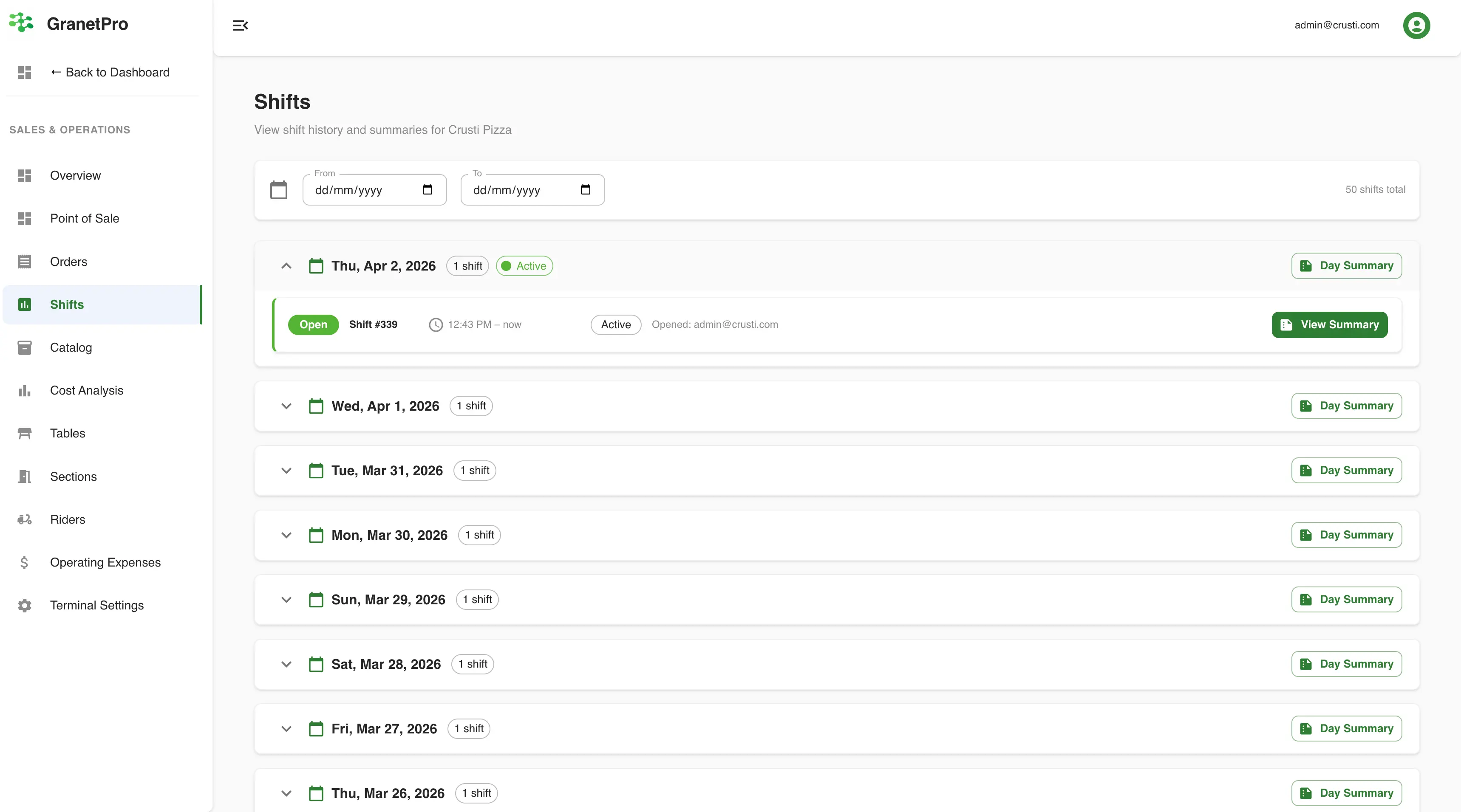 Granet Pro shift management — daily shift summary showing sales, cash, and staff accountability