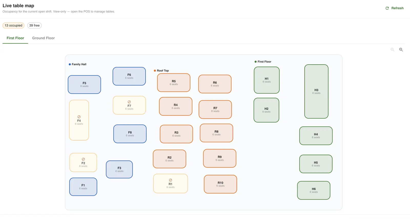 Granet Pro live table map showing a multi-floor restaurant floor plan with colour-coded areas, table shapes, seat counts and live occupancy
