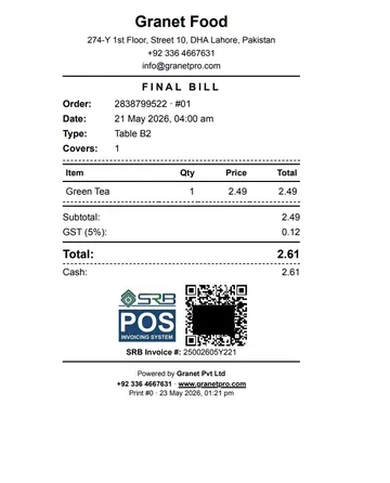 SRB receipt with official invoice ID, QR code and SRB logo